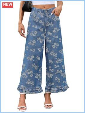 Y2k Crop Ruffle Hem Wide Leg Floral Patchwork Ankle Jeans with Pockets